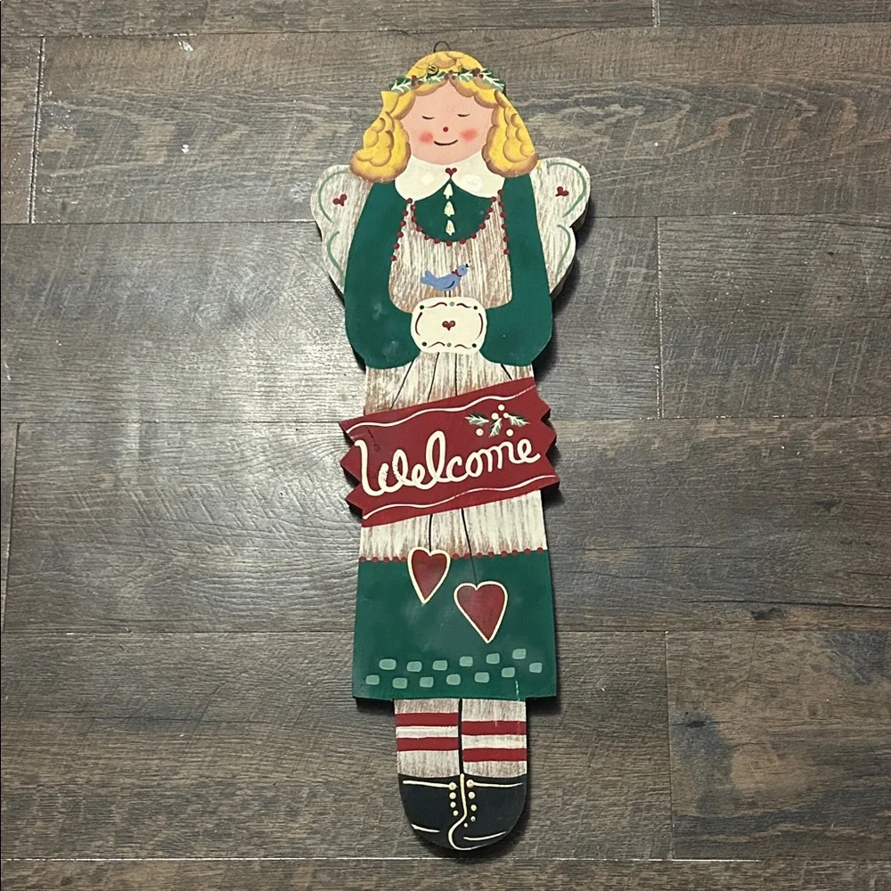 Holiday Hand Painted Wooded Welcome Sign Angel Folk Art 1999 Christmas Decor 23”